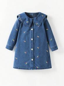 Young Girl' Cute Embroidered Denim Dress - Medium Wash - View 1