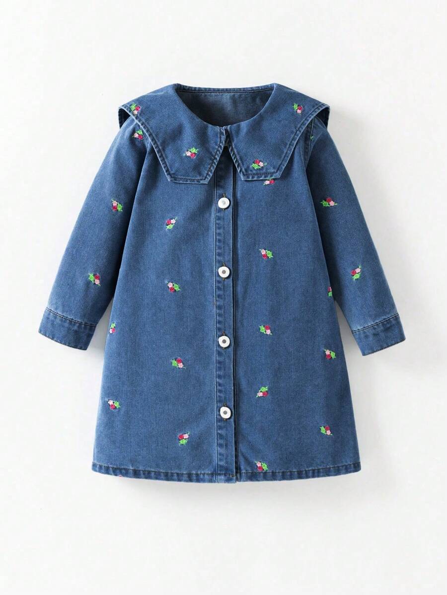 Young Girl' Cute Embroidered Denim Dress - Medium Wash - View 1