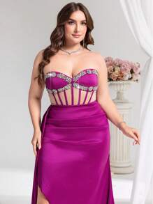 Coutiva Plus Size Sexy Elegant Rhinestone Decor Slit Front Strapless Party Dress,Woman Dress Western Dresses For Women Woman Easter Dress Prom Dresses For Woman Women Formal Gowns Woman Formal Plus