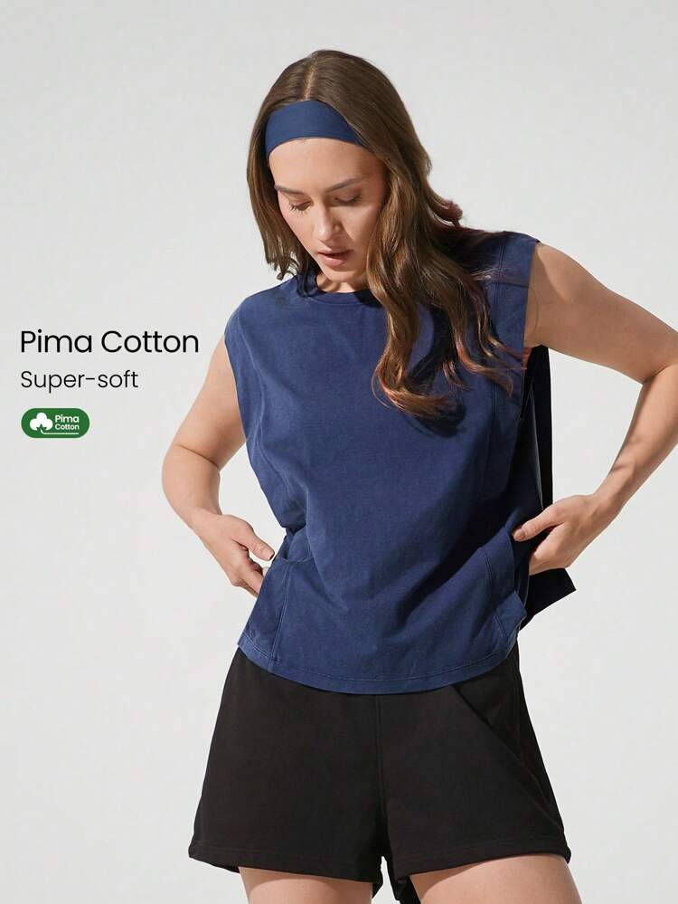 Top de tirantes ancho de algodón pima lavado, con doble capa en la zona de los brazos, aberturas laterales para uso diario, casual y entrenamiento