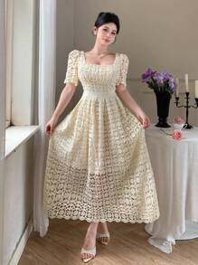 DAZY Vestido elegante de manga corta de longitud media con cuello cuadrado y encaje para damas - Beis - Ver 4