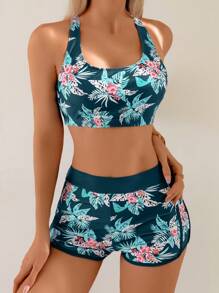 Swim Lushoire Women's 3pcs/Set Beach Vacation Floral Print Crop Top With Bikini Set For Summer