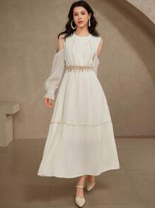 DAZY Women's Boho Vacation Chiffon Sequin Tassel Decor Off-Shoulder Waist Cinched Solid Color Maxi Dress, Spring/Summer, Ladies Summer/Graduation Dress