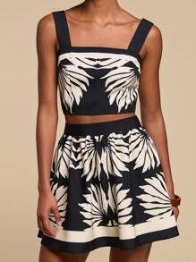 Travachic Women's Boho Two-Piece Outfit: Woven Fabric Crop Top And Mini Skirt Set With Strappy Neckline And Floral Print