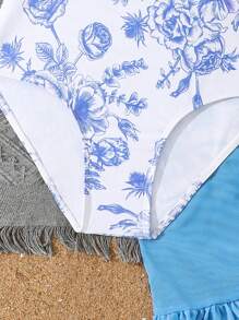 Tween Girls Retro Cute Flower Print Swimsuit Two Pieces Set,Ruffle One-Piece Swimsuit With Beach Skirt - Blue and White - View 4