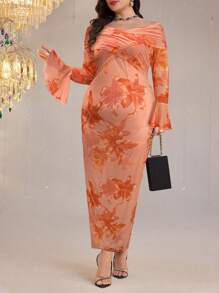 Modelyn Plus Size Floral Print Ruched Off Shoulder Elegant Long Sleeve Dress - Orange - View 6