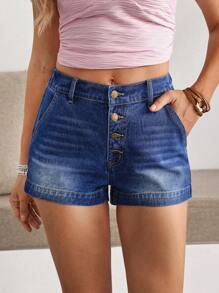 Breezaya Women's Casual Blue Denim Mini Shorts With Button Detailing: Ruched Design For A Flattering Fit - Blue - View 4
