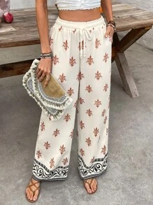 SHEIN Frenchy بنطلون نسائي كاجوال مستقيم فضفاض بخصر رباط مطبوع بطبعات زهرية متناقضة، مناسب للاستخدام اليومي والعطلات الصيفية والشاطئ والحفلات والرحلات الأوروبية الصيفية