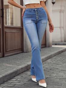 SHEIN Essnce Women's Buttoned Front Pockets Flared Casual Versatile Jeans - Medium Wash - View 3