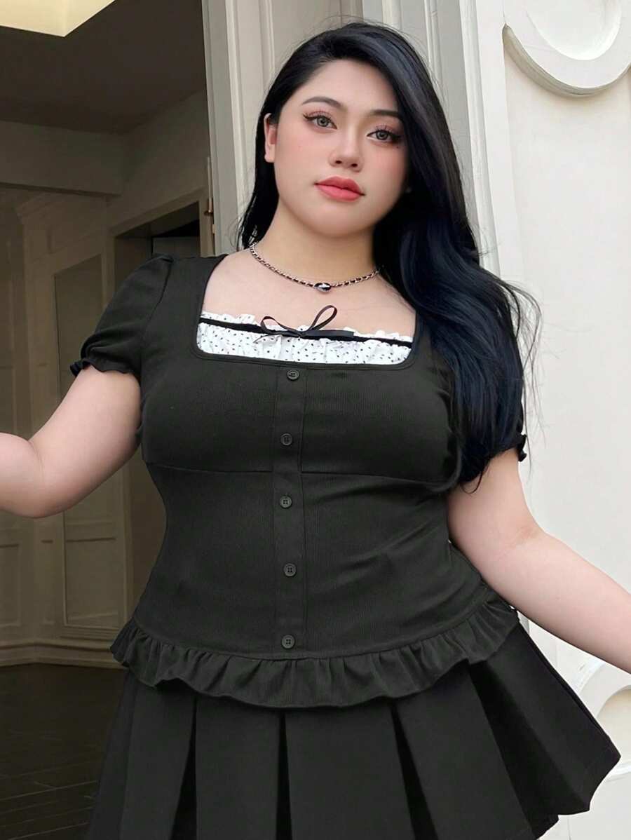 Dazy Plus Plus Size Patchwork Polka Dot Bowknot Decor Fitted Short Sleeve T-Shirt With Ruffle Hem Cute Tops Women Plus Clothing Formal, Back To School Clothes - Black - View 1