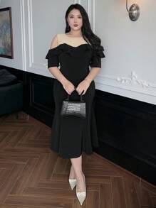 Dazy Plus Elegantes langes Meerjungfrauenkleid mit Volants-Kragen für Partys, Hochzeiten und Abschlussbälle in Große Größen - Schwarz - Übersicht 4