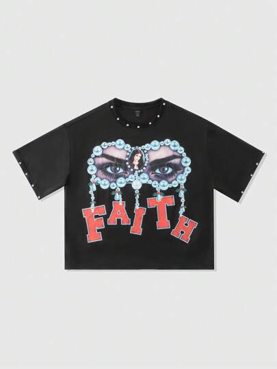 Oversized Men's Rhinestone Letter & Figure Graphic T-Shirt, Crew Neck
