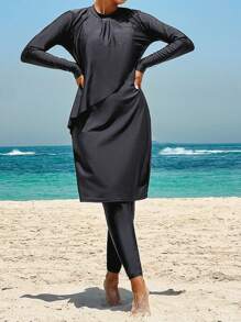 Swim Mulvari 2pcs/Set Women's Modest Black Long Sleeve Pleated Neckline Knit Swimsuit For Summer Beach Vacation