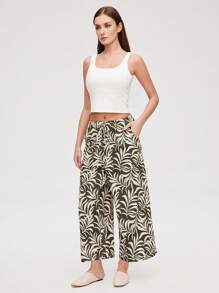 LUVLETTE Lsland StyleSoft Cotton Patterned Wide Leg Loungewear Airy Pajama Pants Pants With Pockets Lingerie As Outerwear Culotte - Olive Green - View 4