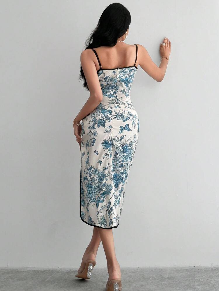 Women's Butterfly & Floral Print Contrast Color Patchwork Dress