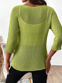 SHEIN LUNE Women Simple Casual Solid Color Crew Neck 3/4 Sleeve Sweater - Mist Green - View 2