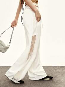 Rina Fox Women's Solid Color Lace Patchwork Pocket Elegant White Pants - White - View 1