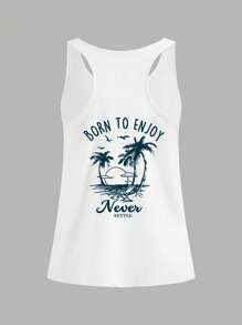 SHEIN LUNE 女式休闲字母和棕榈树印花工字背心，略微透明夏季 - 白色 - 查看 6