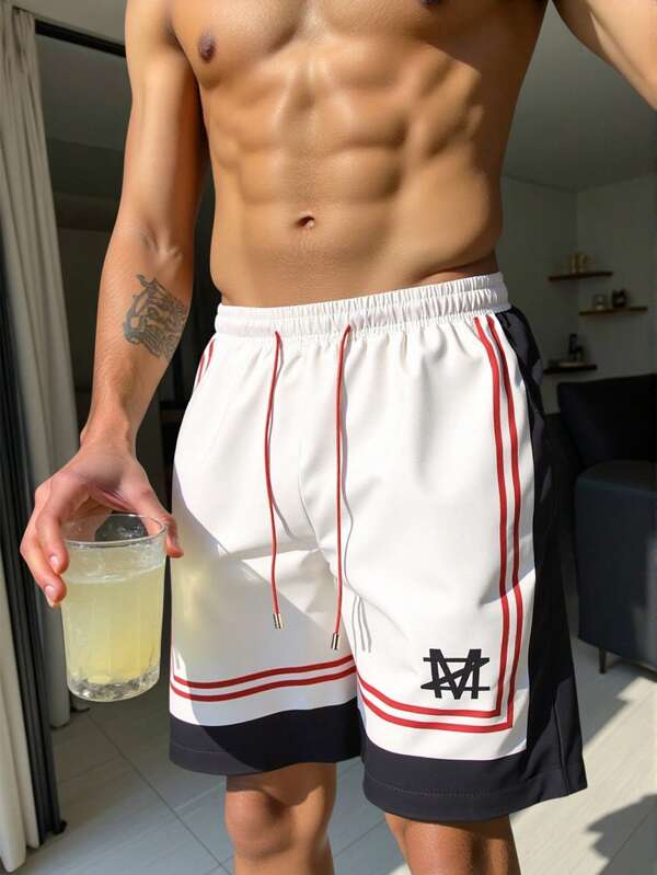 Manfinity VDAYZ شورت صيفي للرجال بتصميم باتشورك بألوان متباينة وخصر بسحاب، شورت سباحة ، طراز هاواي