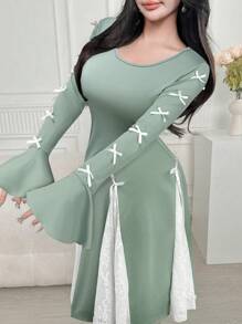 Modelyn Women's Bowknot Decor Round Neck Flare Sleeve Elegant Mid-Length Dress - Green - View 5