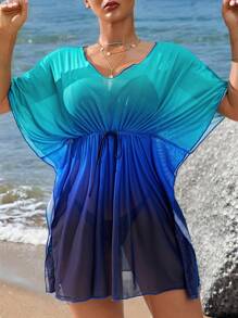 Swim Vcay 1pc Women's Ombre Print V-Neck Pullover Cover Up Cover Up With Drawstring Waist Bow Decor, Beach Wear