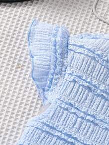 SHEIN 2 件套青少年女孩休闲优雅度假套装，蓝色 T 恤，纹理面料短袖和白色蝴蝶结网眼裙，适合上学、郊游和度假，春夏季 - 彩色 - 查看 5