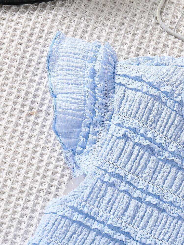 SHEIN 2 件套青少年女孩休闲优雅度假套装，蓝色 T 恤，纹理面料短袖和白色蝴蝶结网眼裙，适合上学、郊游和度假，春夏季 - 彩色 - 查看 5