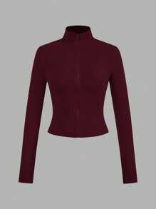 SHEIN EZwear 2 件套酒红色和黑色罗纹拉链长袖针织 T 恤女士 - 彩色 - 查看 9