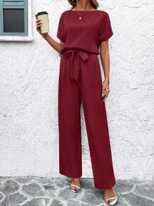 SHEIN Clasi 豆绿色纹理皱纹面料圆领短袖束腰修身女式连体裤女式夏季服装乡村服装女式夏季服装女式圣帕特里克夏装圣帕特里克节服装女式休闲套装复活节女式连衣裙 - 酒紅色 - 查看 5