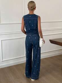 Livesso 2pcs Women Summer Butterfly Print Casual Open Front Vest And Loose Denim Pants Jeans Set