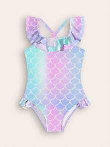 Young Girl's Summer Vacation Beach Fish Scale Print Ruffled One-Piece Swimsuit - Multicolor - View 1