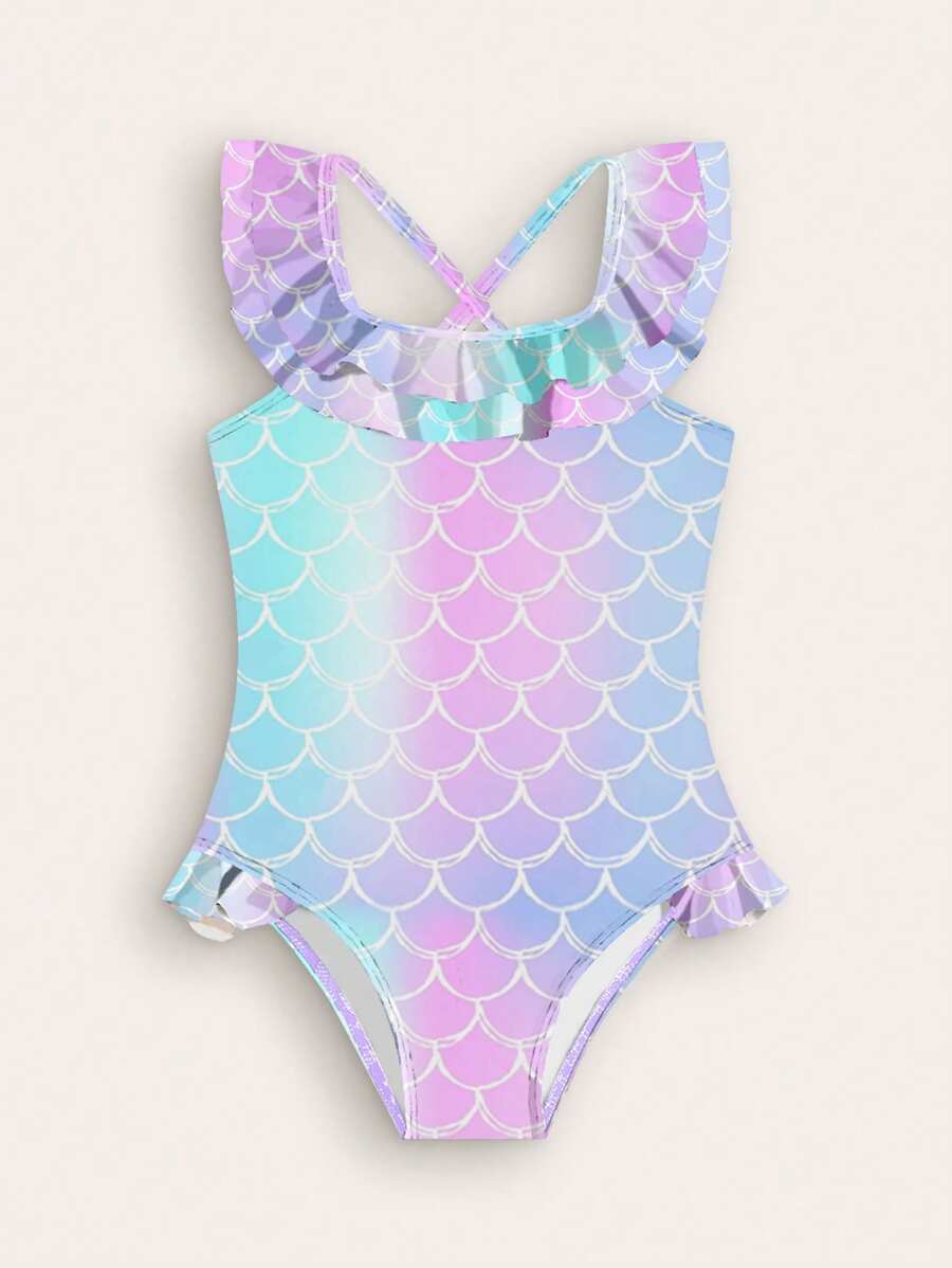 Young Girl's Summer Vacation Beach Fish Scale Print Ruffled One-Piece Swimsuit - Multicolor - View 1