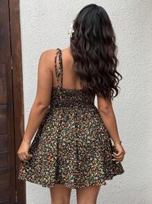 Sunnyshic Plus Size Women Summer Ditsy Floral Spaghetti Strap A-Line Mini Dress - Black - View 3
