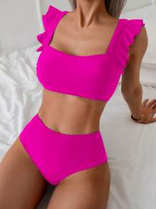 Swim Lushoire Women's Patterned Tankini Bikini Set Set, Square Neck Ruffle Strap Solid Color Swimwear Set For Summer Beach Vacation - Hot Pink - View 1