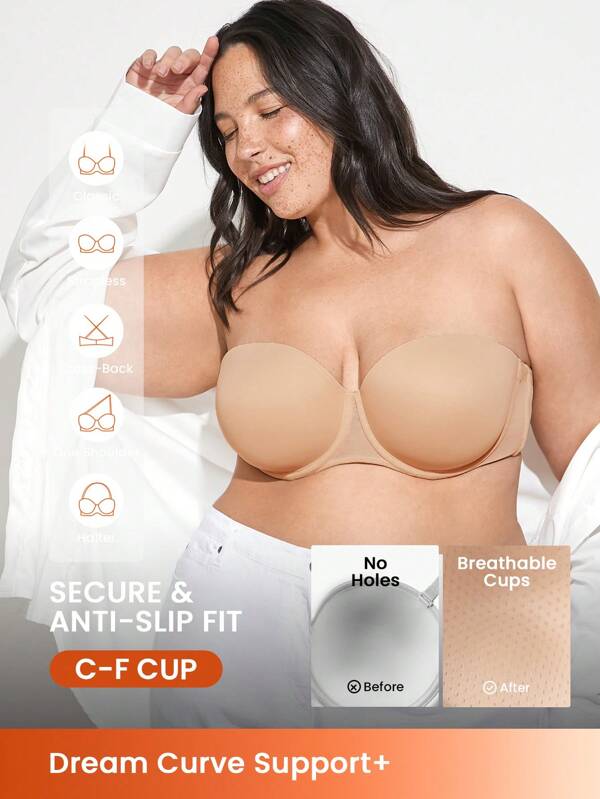 LUVLETTE Lencería de mujer talla grande, sin costuras, sin tirantes, transpirable, sin marcas, sujetador push-up con aros, lencería como prenda exterior, sujetador básico de media copa