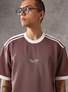 SUMWON Club Premium Oversized Athletic T-Shirt Urban Streetwear Shoulder Detail Casual Sports Luxury Logo Print Ribbed Collar Spring Summer Fashion - Coffee Brown - View 4