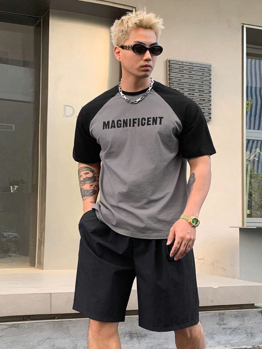 DAZY Summer Letter Print Multi-Color Men's T-Shirt And Pocket Shorts Set - Multicolor - View 1