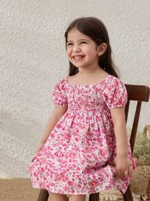 Blossori Vestido de fiesta campestre para niñas con mangas abullonadas, flores pequeñas de color rosa y detalle de smocking - Multicolor - Ver 5
