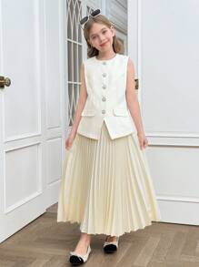 SHEIN Ensemble de 2 pièces comprenant un débardeur et une jupe plissée mini pour fille pré-adolescente allant à l'école