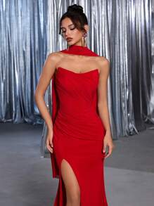 Glamrae Elegant Sexy High Slit Strapless Wine Red Ribbon Formal Evening Gown (Embellished),Graduation,Teacher Outfits For Women,Teacher Dress - Red - View 5