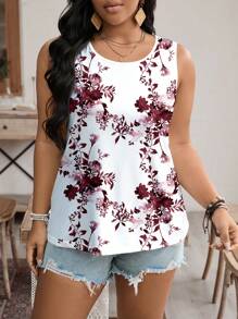 EMERY ROSE Plus Size Floral Print Casual Crew Neck Camisole And Tank Top For Summer Suitable For Going Out - Multicolor - View 5