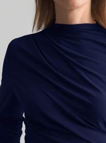 Ontre Stockholm Style, Women's Teacher Outfit, Autumn Fashion, 2025 Women's Autumn Basic High Collar Long Sleeve T-Shirt, Asymmetric Hem Ruched Top, Navy Solid Color Round Neck Long Sleeve Women's Blouse Basic Top, Women's Office Wear