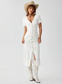 Wildy Summer V-Neck Long Casual Dress, Minimalist American Western Rural Resort Daily Street Style - White - View 3