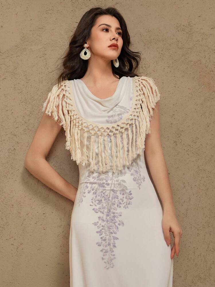 Women's Elegant Ombre Floral Print Tassel Hem Dress, Lightweight And Graceful Summer Outfit For Women Wedding Women Dresses Carnival Cocktail Dress