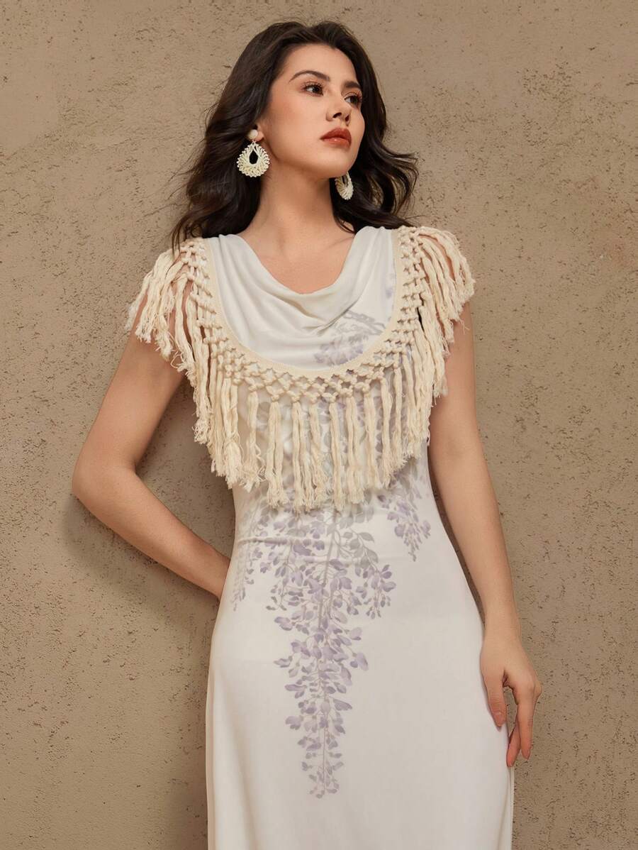 DAZY Abito elegante da donna con stampa floreale sfumata e frange, leggero e grazioso, outfit estivo per donna