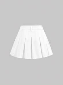 SHEIN Girlism Teen Girl Minimalist Solid Color Raw Hem Pleated Denim Mini Skirt, Summer - White - View 2
