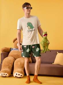 Męski zestaw piżamowy z krótkim rękawem i spodenkami z nadrukiem liter - Zielony - Zobacz 4