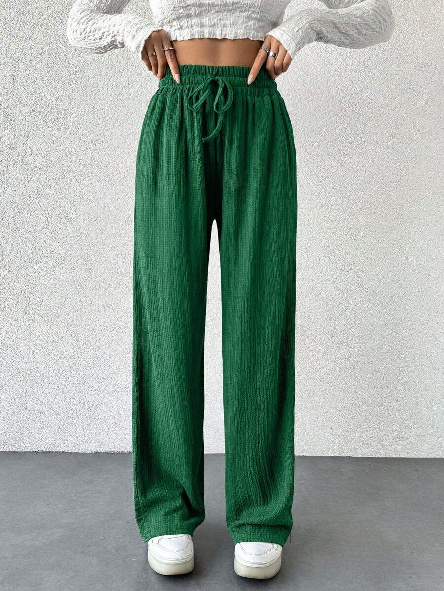 EURMUSE 女式休闲裤，松紧腰带抽绳，阔腿设计 - 綠色 - 查看 1