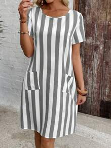 EMERY ROSE Women Striped Print Patch Pocket Round Neck Short Sleeve Short Dress Summer Dresses For Women,Shirt Dresses For Women