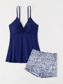 Swim Lushoire 随机印花女式吊带背心比基尼上衣 - 藏蓝色 - 查看 3